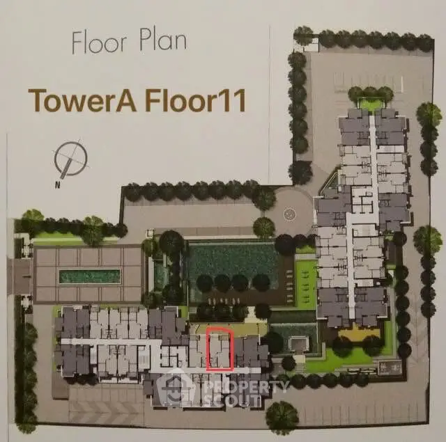 Detailed floor plan of Tower A, Floor 11 with garden and pool view.