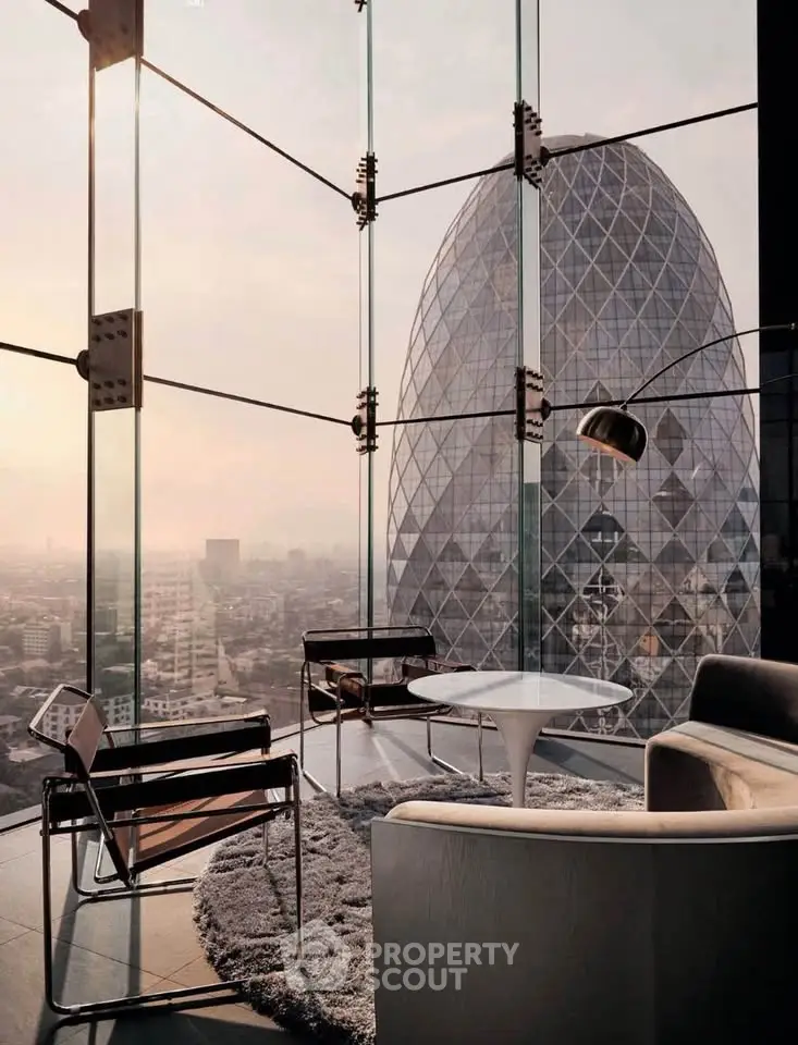 Luxurious modern living room with stunning cityscape view through floor-to-ceiling windows.