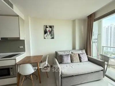 Modern living room with cozy sofa, dining table, and balcony view in high-rise apartment.