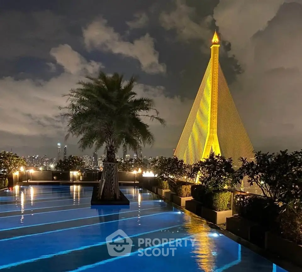 Luxurious rooftop pool with stunning city skyline and iconic bridge view at night.