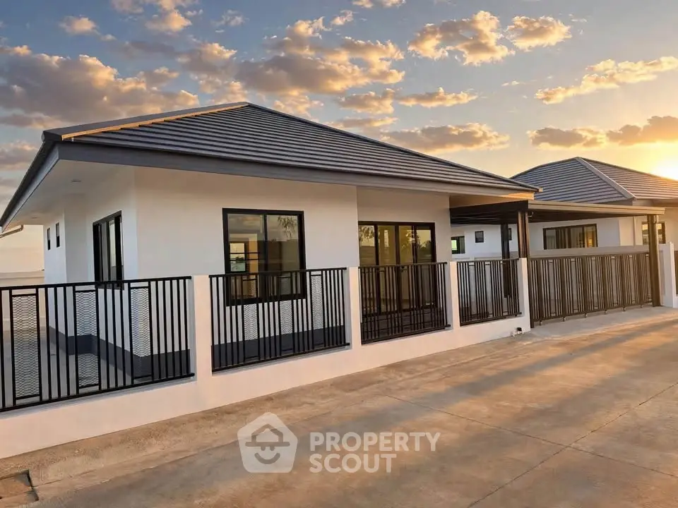 Modern single-story house with sleek design and sunset view, featuring a spacious driveway and stylish fencing.