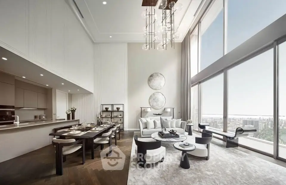 Luxurious open-plan living room with floor-to-ceiling windows and modern decor