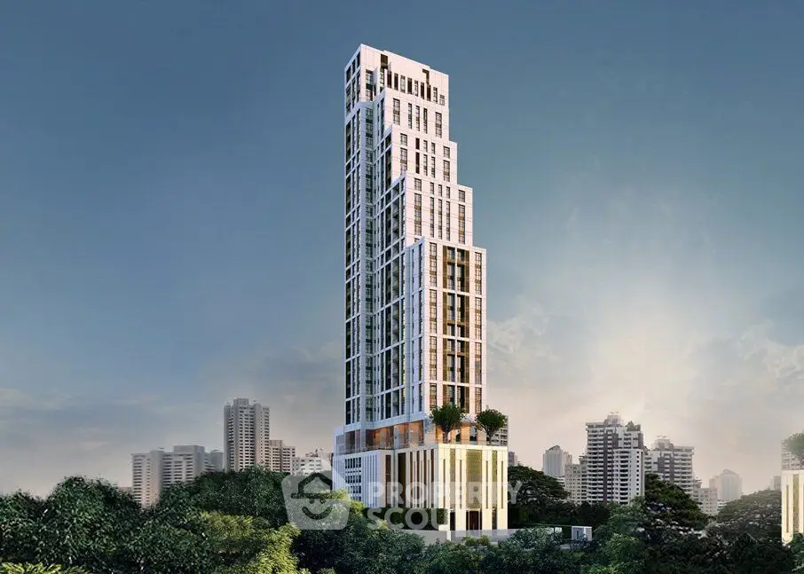 Stunning modern skyscraper with lush greenery and cityscape backdrop, perfect for luxury urban living.