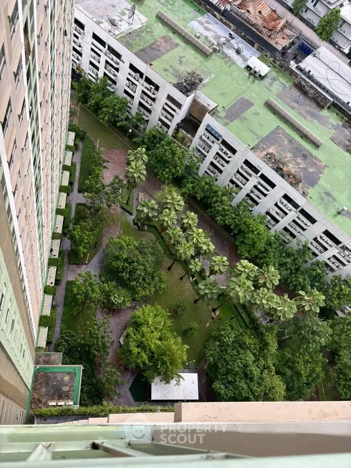 Stunning aerial view of lush garden courtyard in modern residential complex