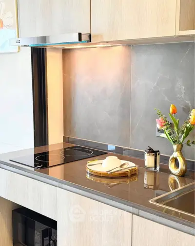 Modern kitchen with sleek induction cooktop and elegant decor