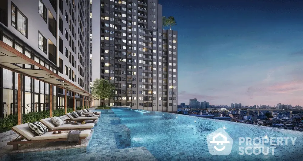 Luxurious high-rise apartment with stunning rooftop infinity pool and city skyline view at dusk.