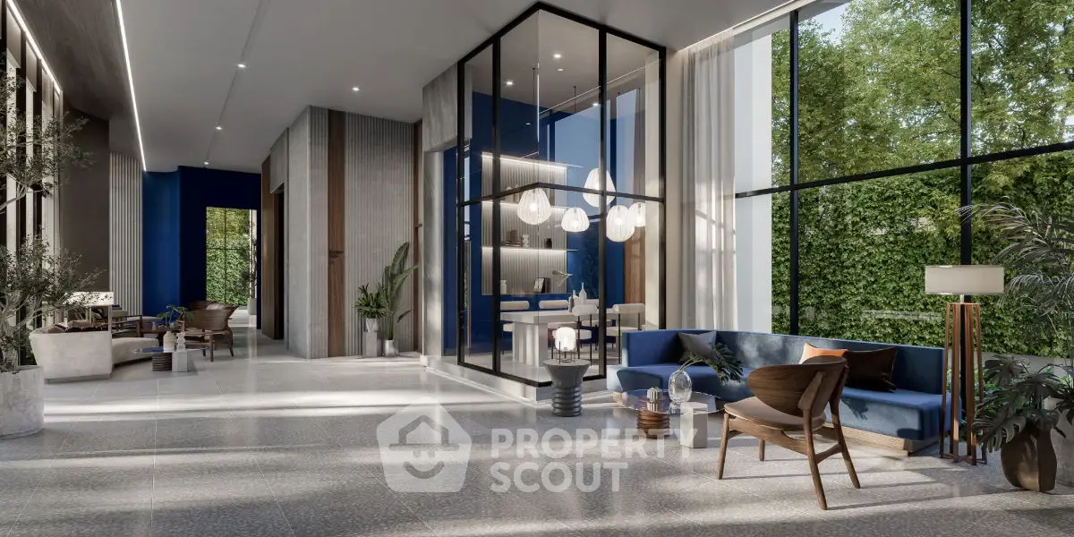 Luxurious modern living room with floor-to-ceiling windows and elegant blue accents.