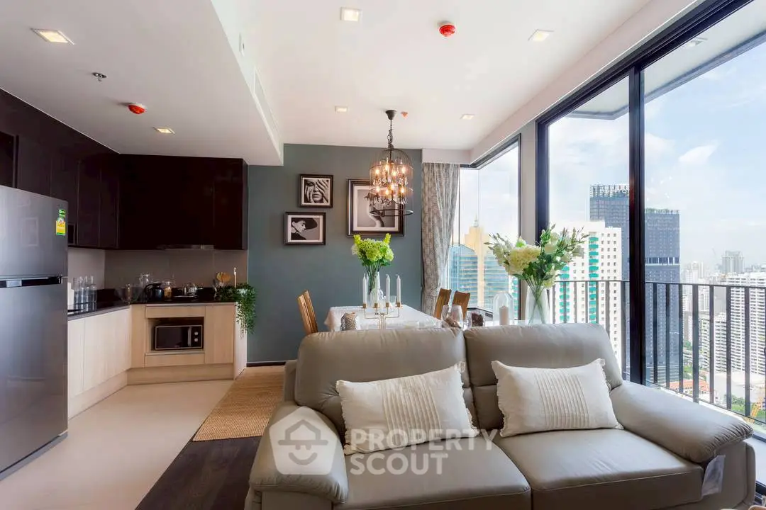 Luxurious open-plan living room with city view and elegant decor