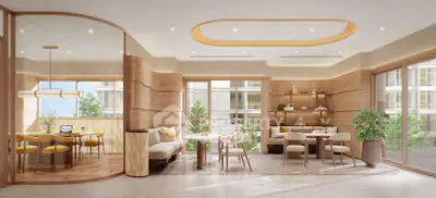 Luxurious open-plan living and dining area with modern decor and large windows offering natural light.