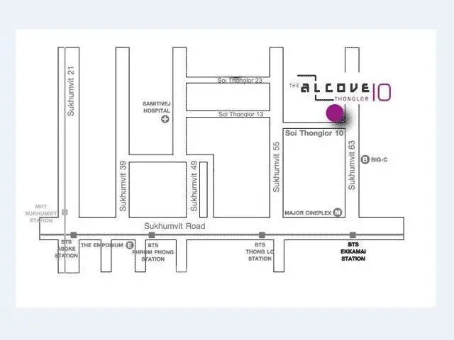 Map showing location of The Alcove Thonglor 10 near Sukhumvit Road and BTS stations.