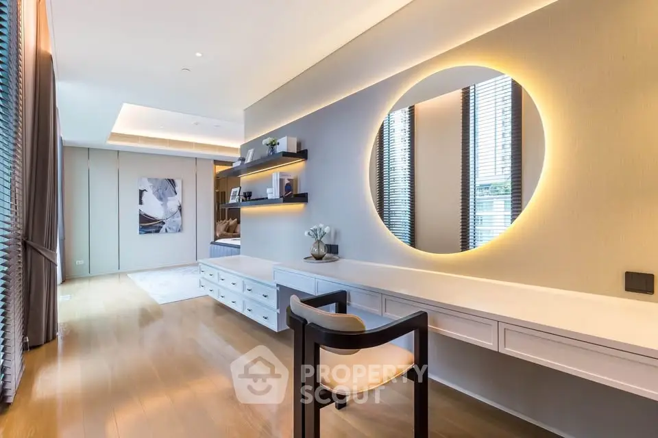 Luxurious modern bedroom with elegant vanity and ambient lighting