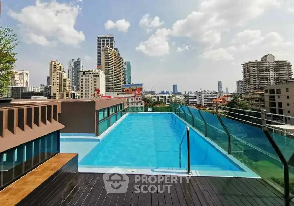 Stunning rooftop pool with city skyline views in modern urban setting.