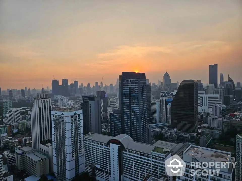 Stunning cityscape view at sunset showcasing modern skyscrapers and urban skyline