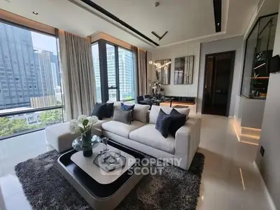 Luxurious modern living room with city view and elegant decor