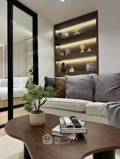 Modern living room with stylish decor and cozy seating area