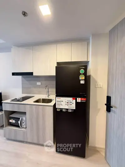 Modern kitchen with sleek appliances and compact design in a stylish apartment.