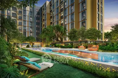 Luxurious apartment complex with stunning pool and lush garden landscape.