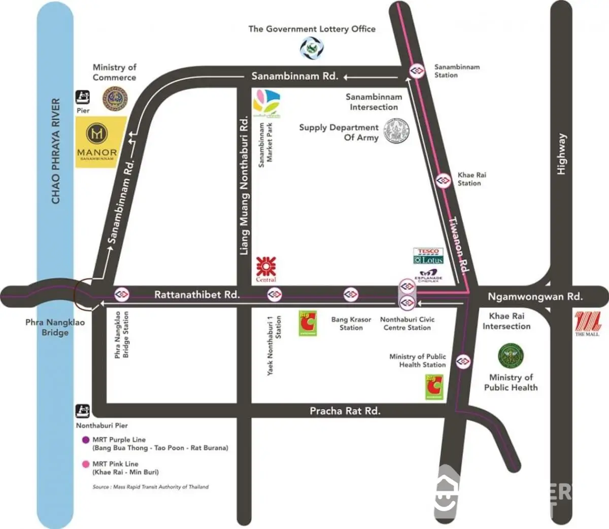 Map showing key locations and roads near Chao Phraya River and MRT Purple Line.