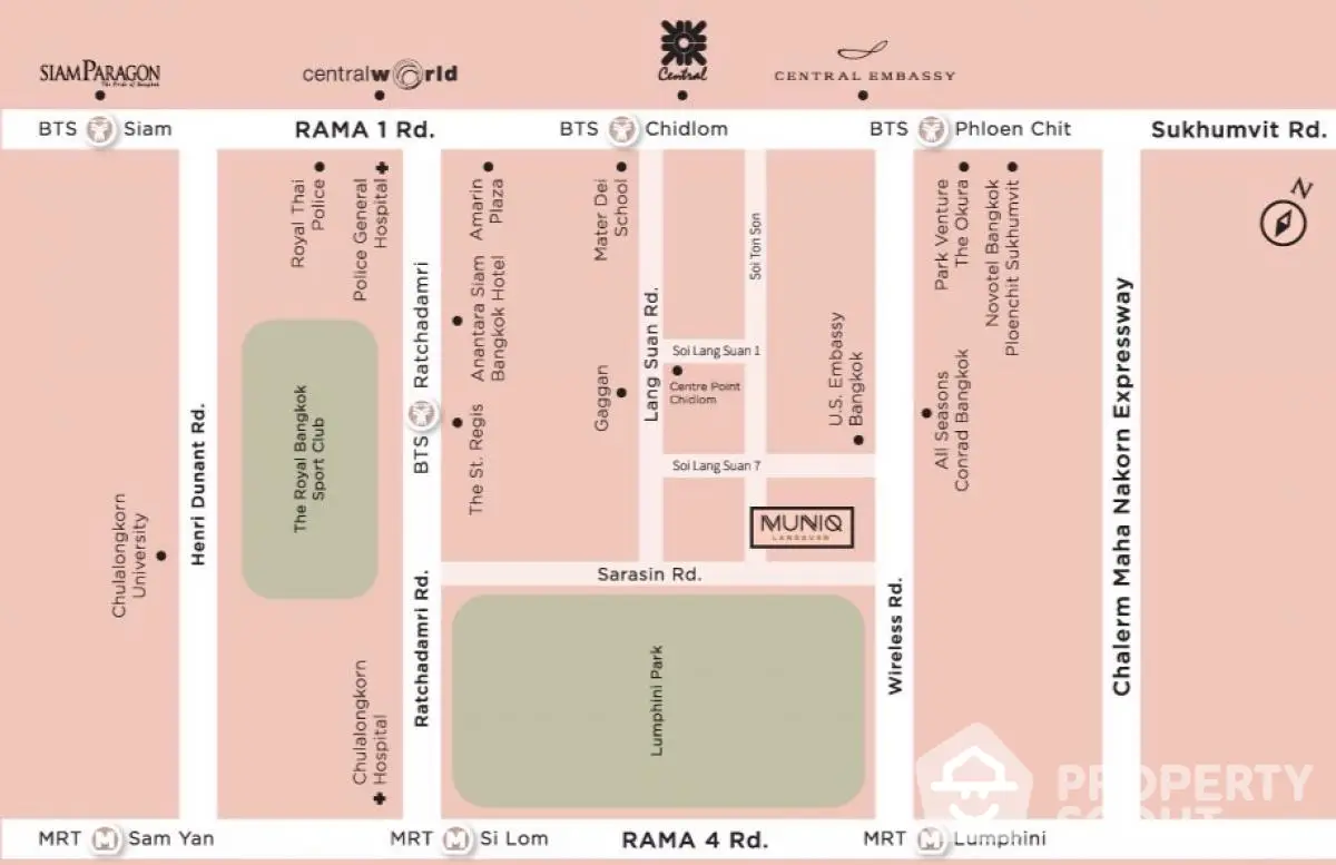 Prime Bangkok real estate map highlighting luxury shopping and transport links.