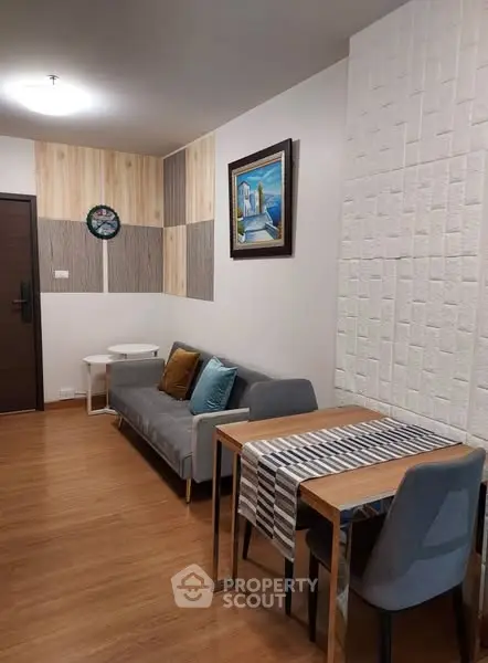 Modern living room with stylish decor and cozy seating area