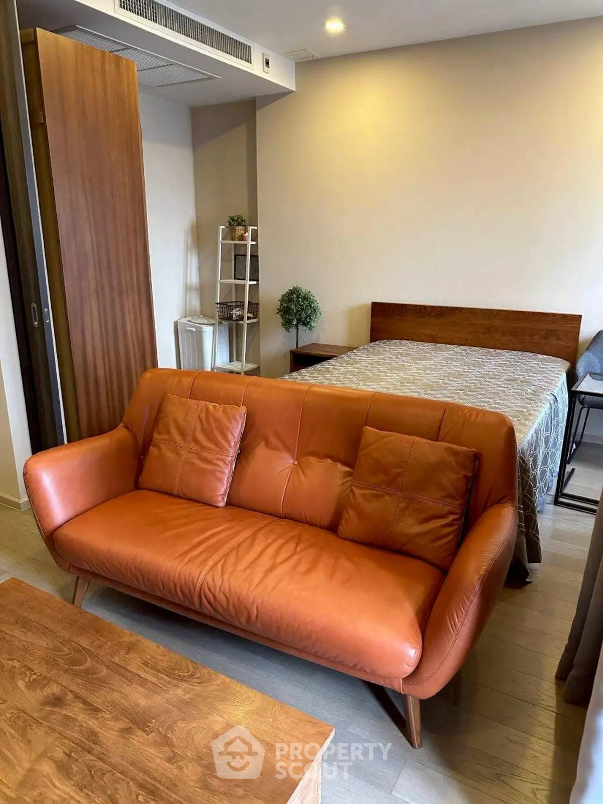 Cozy studio apartment with stylish leather sofa and modern decor