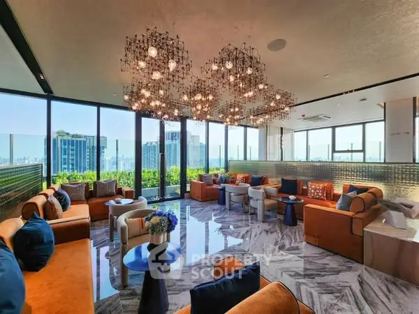 Luxurious living room with stunning city view and elegant lighting
