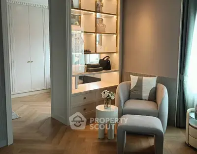 Luxurious modern living room with elegant furniture and built-in shelving