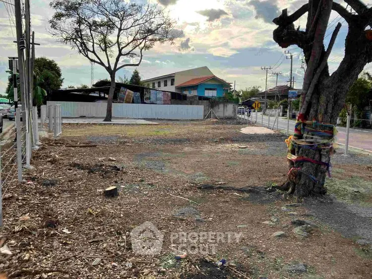 Vacant land plot with potential for development, featuring a large tree and urban surroundings.