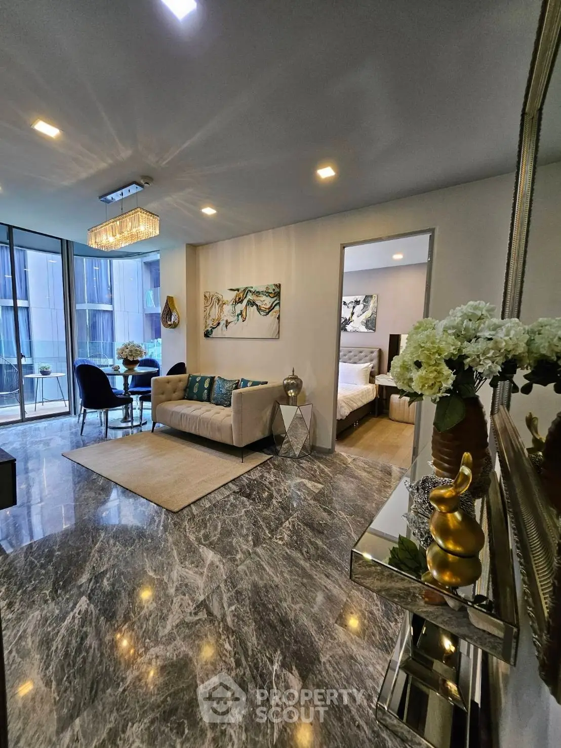 Luxurious modern living room with marble flooring and elegant decor