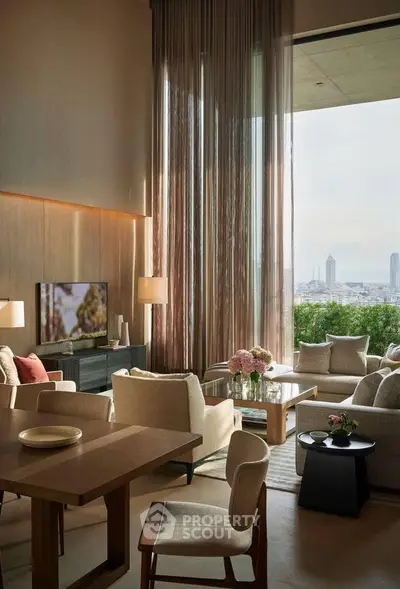 Luxurious living room with high ceilings and panoramic city view, featuring elegant furniture and decor.