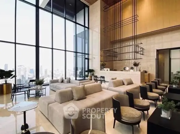 Luxurious modern living room with floor-to-ceiling windows and stunning city view.