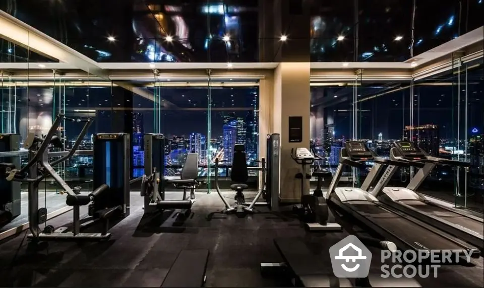 Luxurious high-rise gym with stunning city skyline view, modern fitness equipment, and floor-to-ceiling windows.