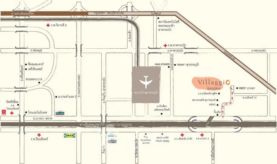 Detailed map showing Villaggio Bangna location near major roads and landmarks.