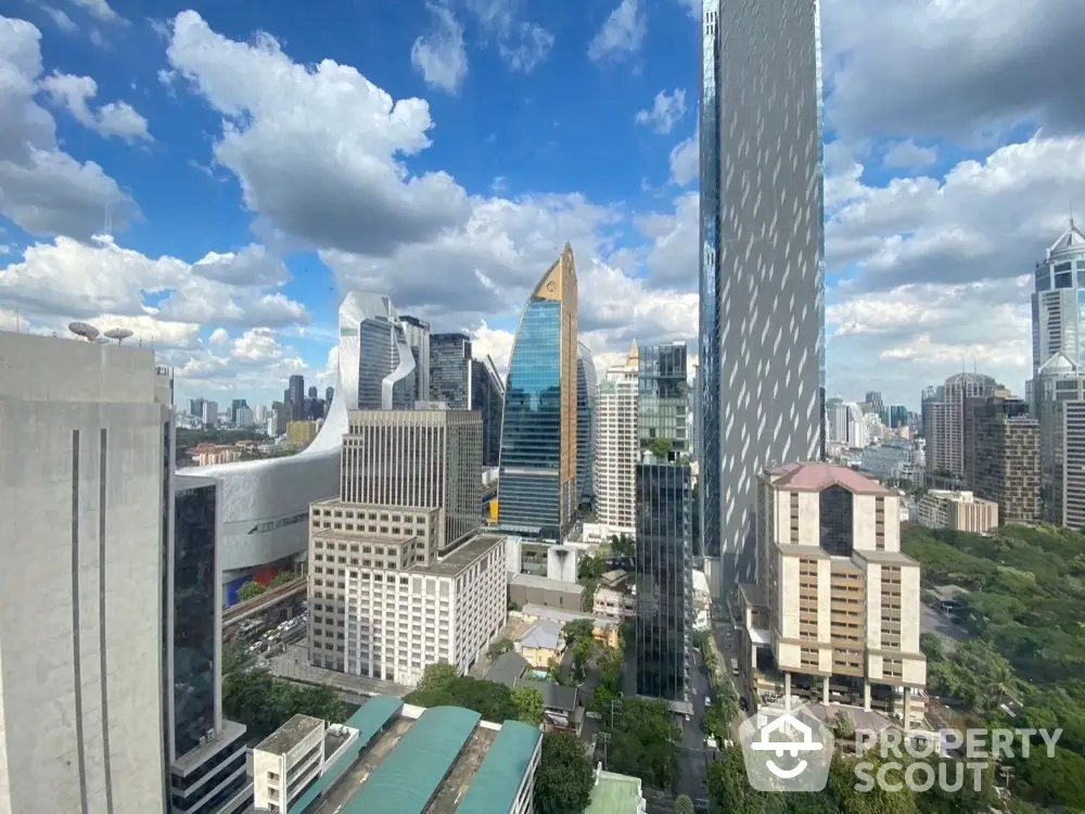 Stunning cityscape view with modern skyscrapers and lush greenery, perfect for urban living enthusiasts.