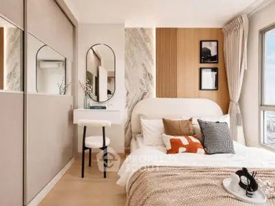 Modern bedroom with stylish decor, large window, and cozy ambiance in a high-rise apartment.