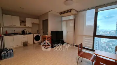 Modern apartment interior with kitchen and city view