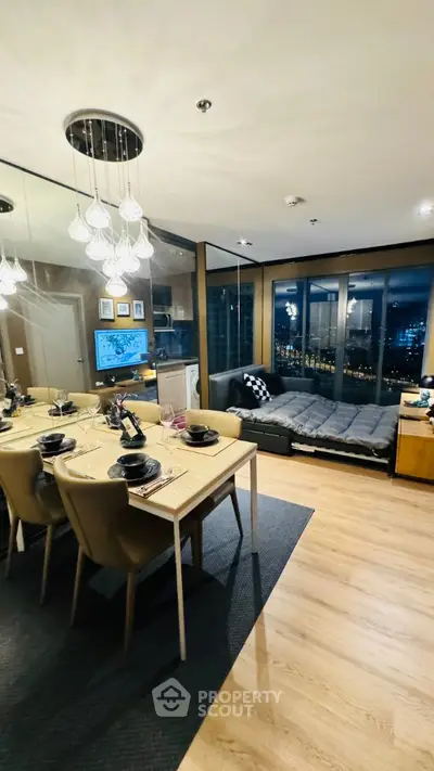Modern living room with city view, stylish dining area, and cozy sofa in luxury apartment.