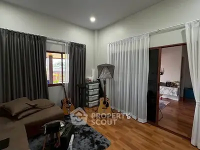 Cozy living room with musical instruments and modern decor