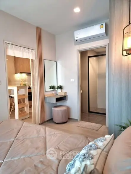 Modern bedroom with ensuite bathroom and stylish decor