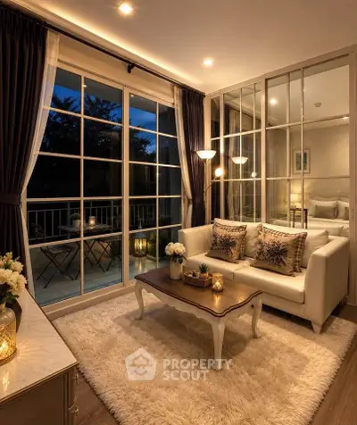Elegant living room with cozy lighting and balcony view, featuring plush sofa and stylish decor.