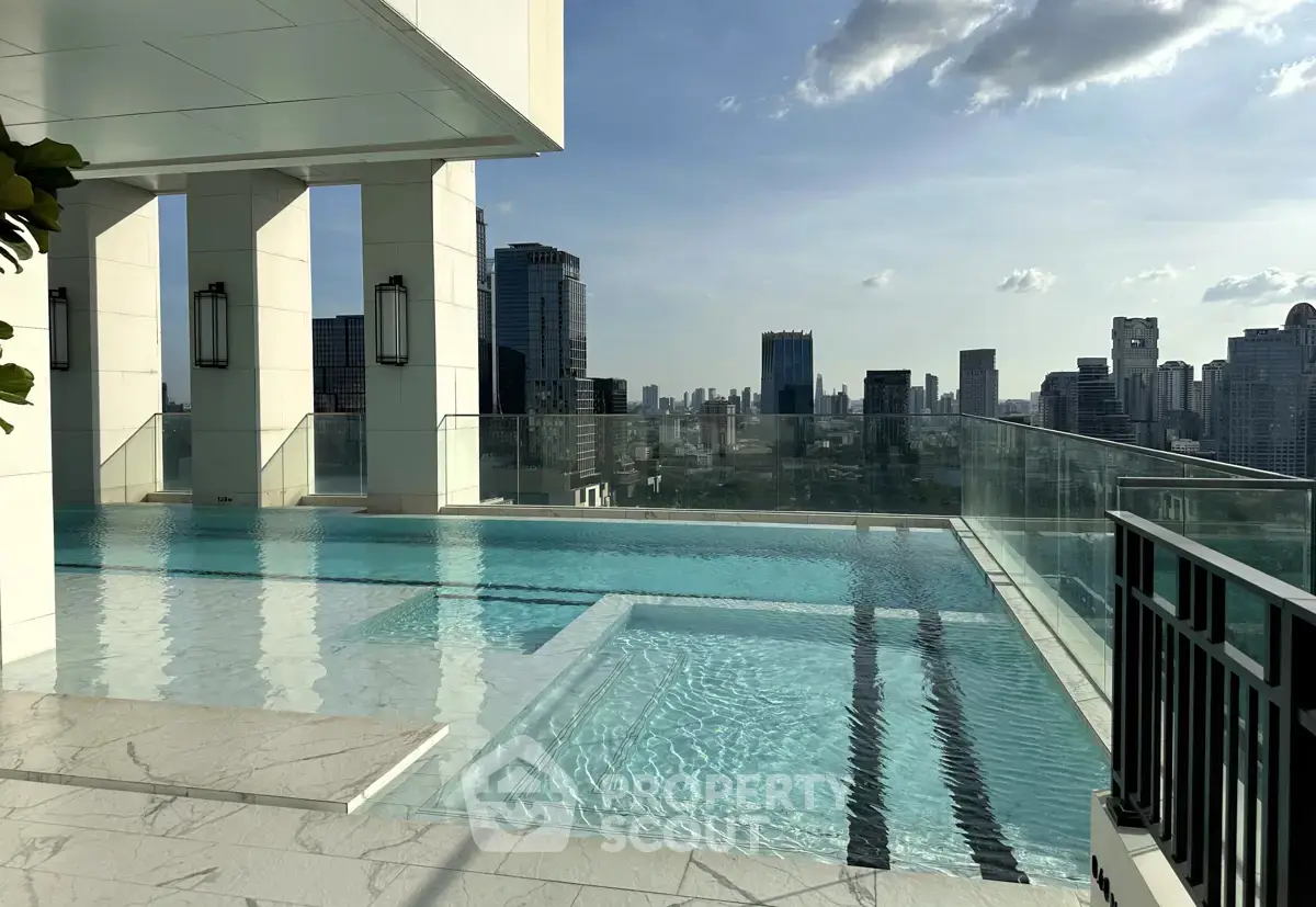 Luxurious rooftop pool with stunning city skyline view, perfect for relaxation and entertainment.