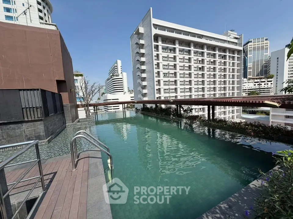 Stunning rooftop pool with city skyline views in modern urban setting.