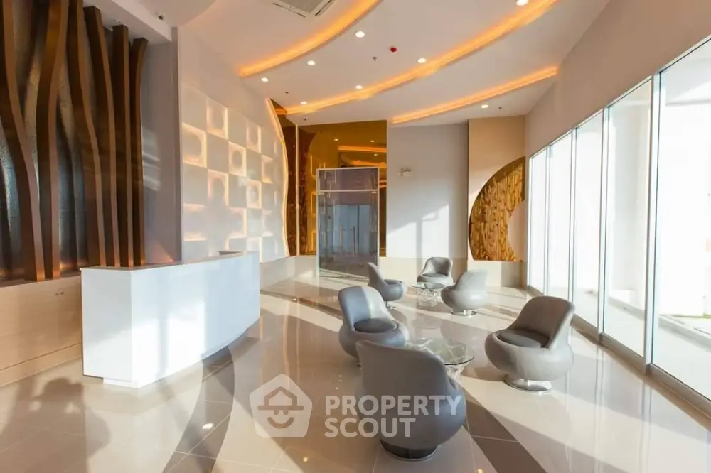 Luxurious modern lobby with elegant seating and ambient lighting