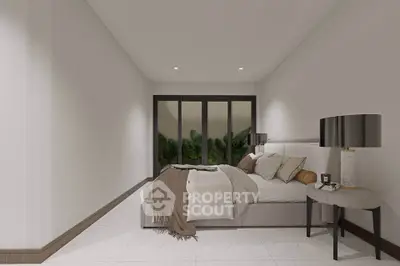Elegant bedroom with modern decor and large window view