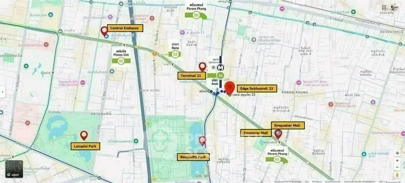 Map highlighting key locations near Edge Sukhumvit 23 in Bangkok.