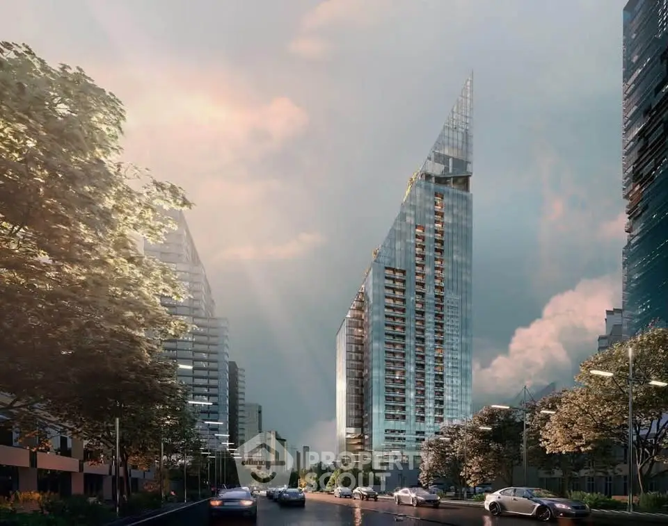 Stunning modern skyscraper with unique architecture in urban setting, perfect for luxury living.