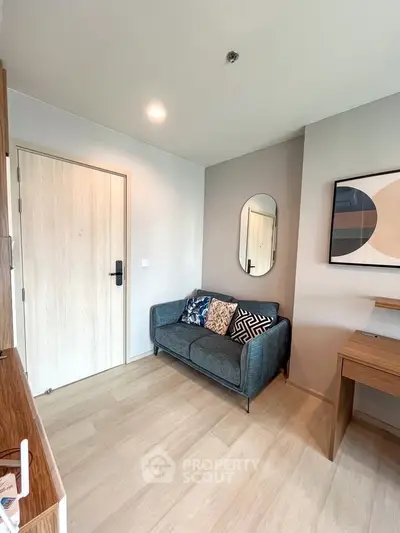 Modern living room with stylish decor and cozy seating area