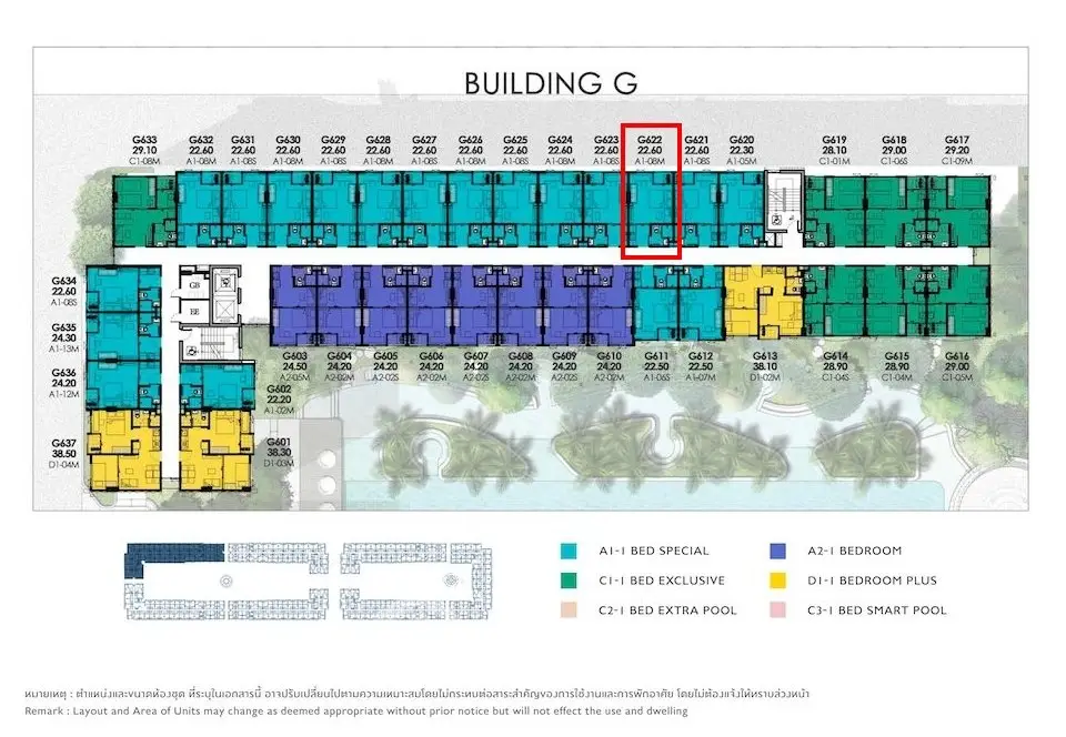 Building G floor plan with highlighted unit, showcasing various apartment layouts and pool views.
