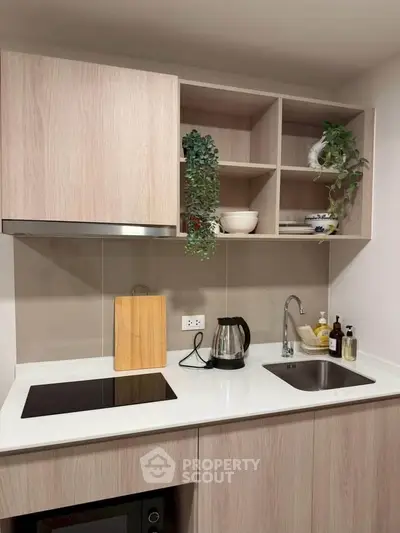 Modern kitchen with sleek cabinetry and electric stove, featuring a stylish sink and open shelving.