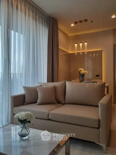 Luxurious modern living room with elegant sofa and ambient lighting